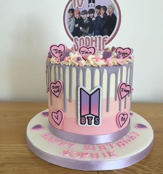 BTS Theme Cake with edible images and purple fondant accents.