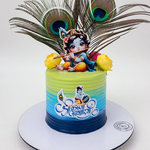 Eggless Janmashtami Cake with Krishna-themed festive decoration
