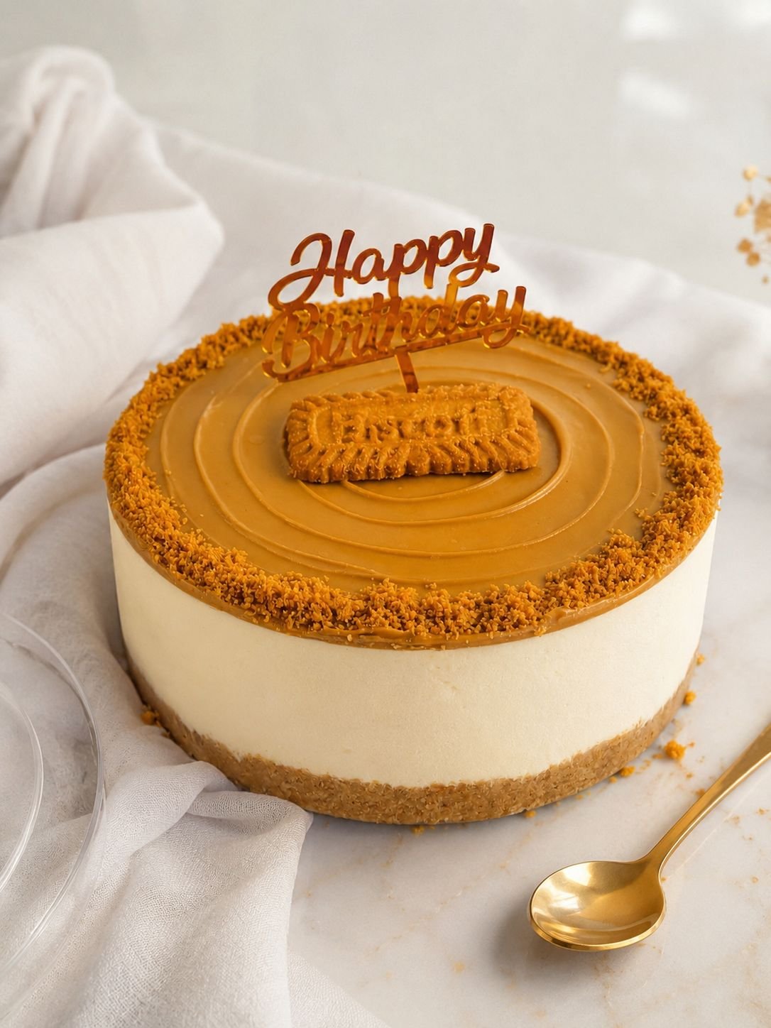 Creamy Lotus Biscoff Bliss Cheesecake topped with Biscoff crumbs